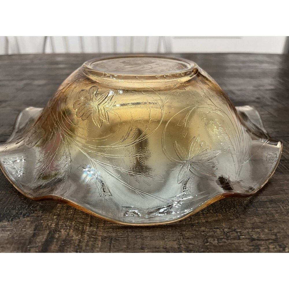 Vintage Jeanette Glass Carnival Bowl Yellow Amber  Floragold Iris Flower 9.5”